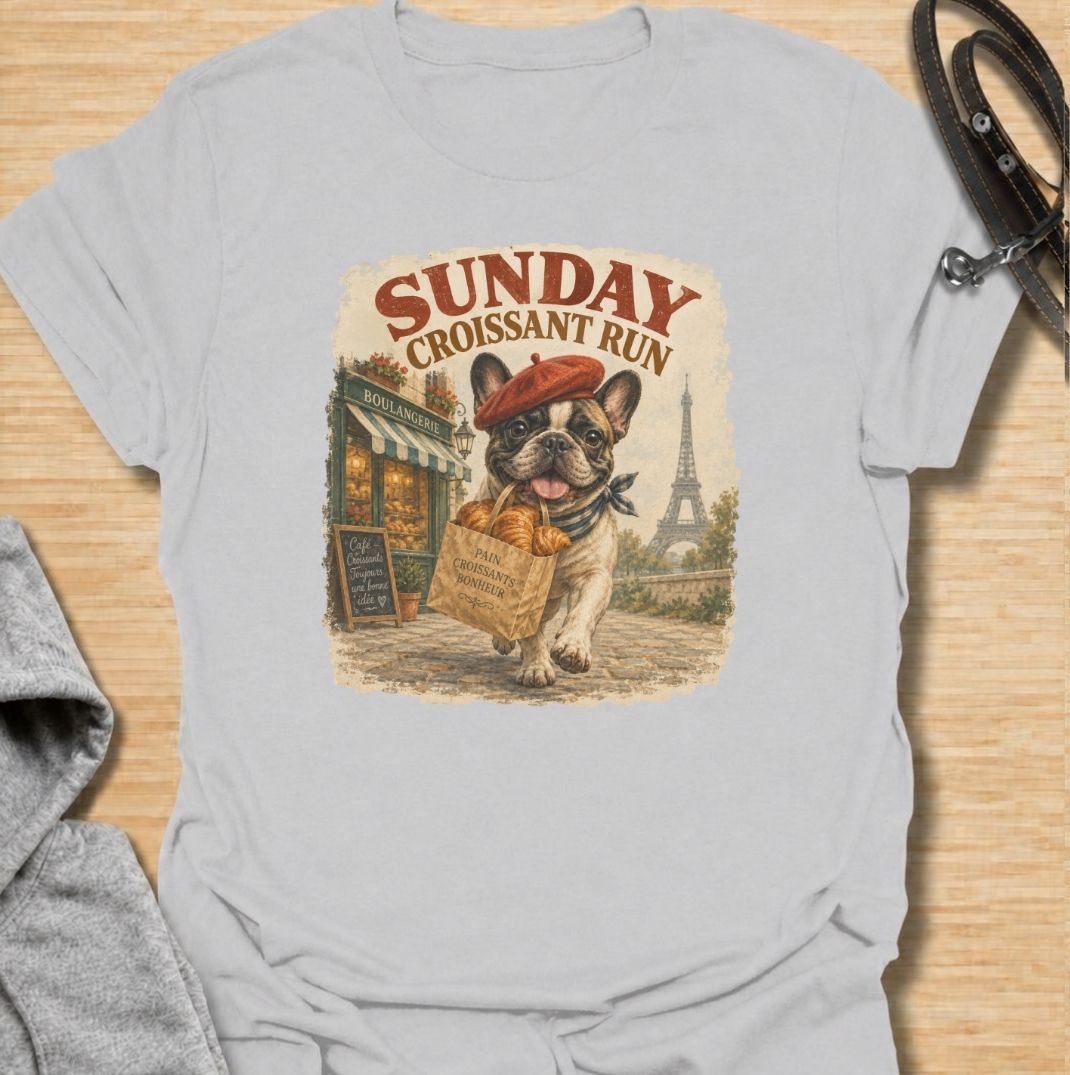 A fun French Bulldog T-shirt for anyone who loves Frenchies, coffee shop charm, and a little Paris-inspired humor. Featuring the phrase “Sunday Croissant Run” with a French Bulldog carrying a bakery bag, this design has a playful vintage travel-poster feel. Perfect for Frenchie moms, Frenchie dads, brunch lovers, bakery fans, and anyone who likes their dog shirts with a quirky lifestyle twist. A charming everyday tee for fans of French Bulldog art, French-inspired designs, and breed-specific gifts.