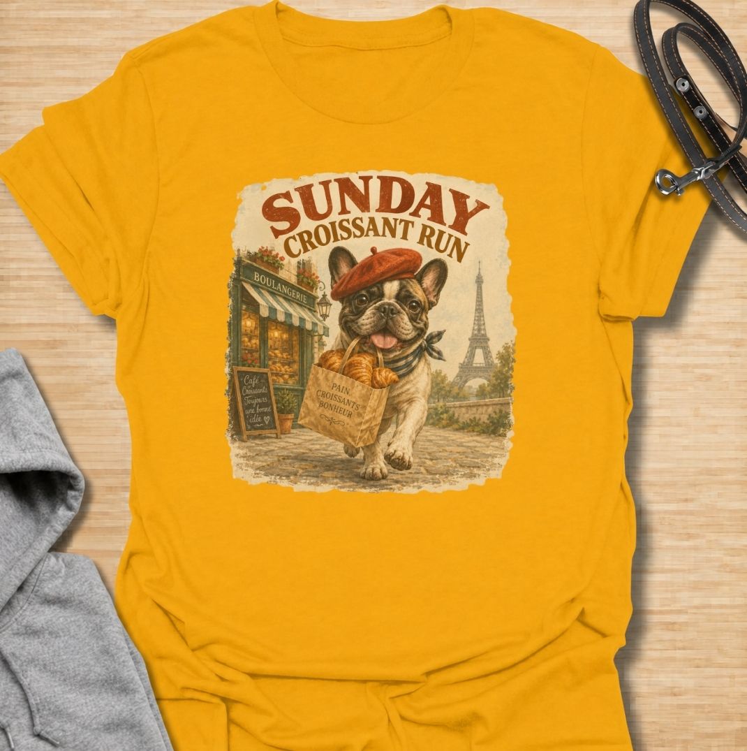 A fun French Bulldog T-shirt for anyone who loves Frenchies, coffee shop charm, and a little Paris-inspired humor. Featuring the phrase “Sunday Croissant Run” with a French Bulldog carrying a bakery bag, this design has a playful vintage travel-poster feel. Perfect for Frenchie moms, Frenchie dads, brunch lovers, bakery fans, and anyone who likes their dog shirts with a quirky lifestyle twist. A charming everyday tee for fans of French Bulldog art, French-inspired designs, and breed-specific gifts.