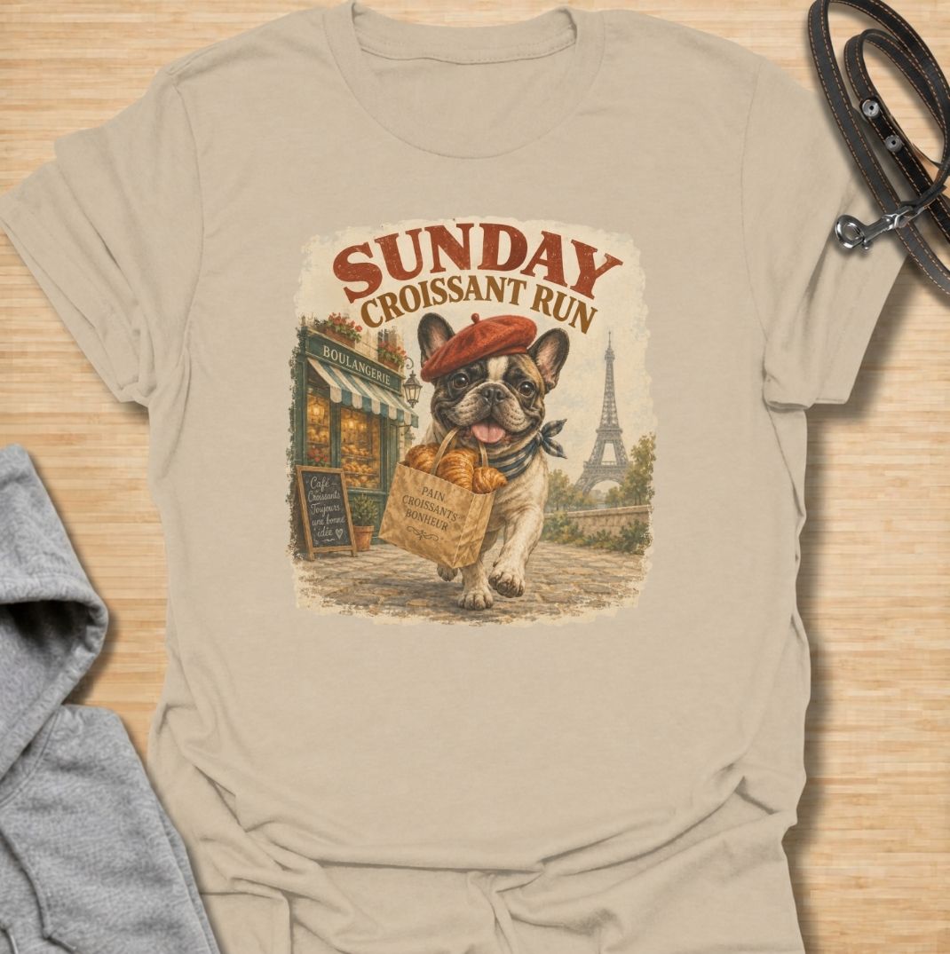 A fun French Bulldog T-shirt for anyone who loves Frenchies, coffee shop charm, and a little Paris-inspired humor. Featuring the phrase “Sunday Croissant Run” with a French Bulldog carrying a bakery bag, this design has a playful vintage travel-poster feel. Perfect for Frenchie moms, Frenchie dads, brunch lovers, bakery fans, and anyone who likes their dog shirts with a quirky lifestyle twist. A charming everyday tee for fans of French Bulldog art, French-inspired designs, and breed-specific gifts.