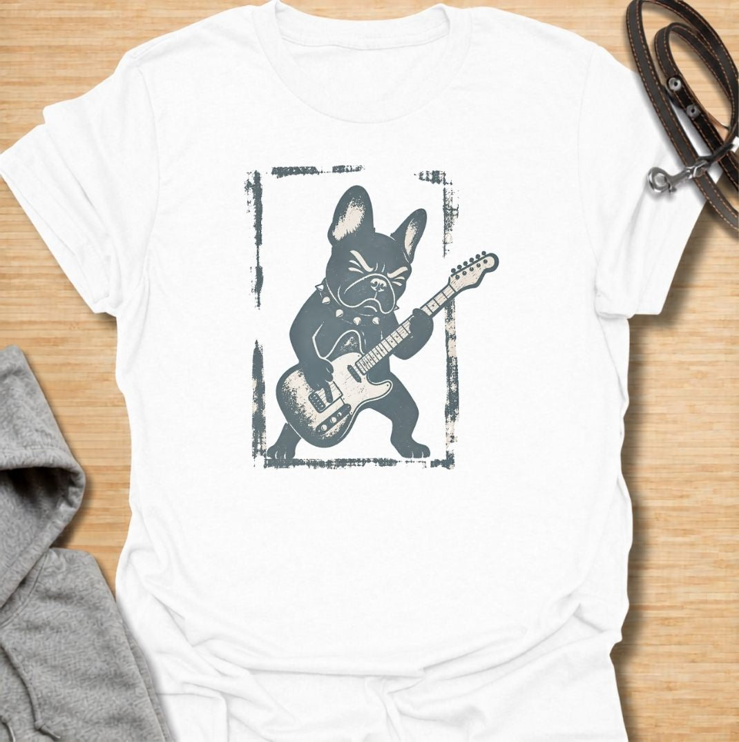 A fun French Bulldog T-shirt for anyone who knows their Frenchie has serious attitude and main-stage energy. Featuring a bold French Bulldog playing electric guitar, this graphic gives the breed a playful rock-and-roll twist without needing a slogan. Perfect for Frenchie moms, Frenchie dads, music lovers, and anyone who likes quirky breed-specific dog shirts. A strong everyday tee for fans of French Bulldog humor, alternative dog art, and unique dog lover gifts.