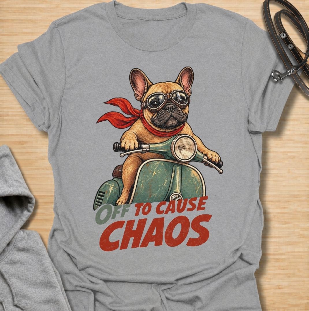 A funny French Bulldog T-shirt for anyone who knows a Frenchie can turn even a quiet day into an adventure. Featuring the phrase “Off to Cause Chaos” with a confident French Bulldog riding a vintage scooter, this design captures the breed’s bold, mischievous personality perfectly. Perfect for Frenchie moms, Frenchie dads, bulldog lovers, and anyone who lives with a small dog with very big energy. A playful everyday tee for fans of French Bulldog humor, retro dog art, and breed-specific gifts.