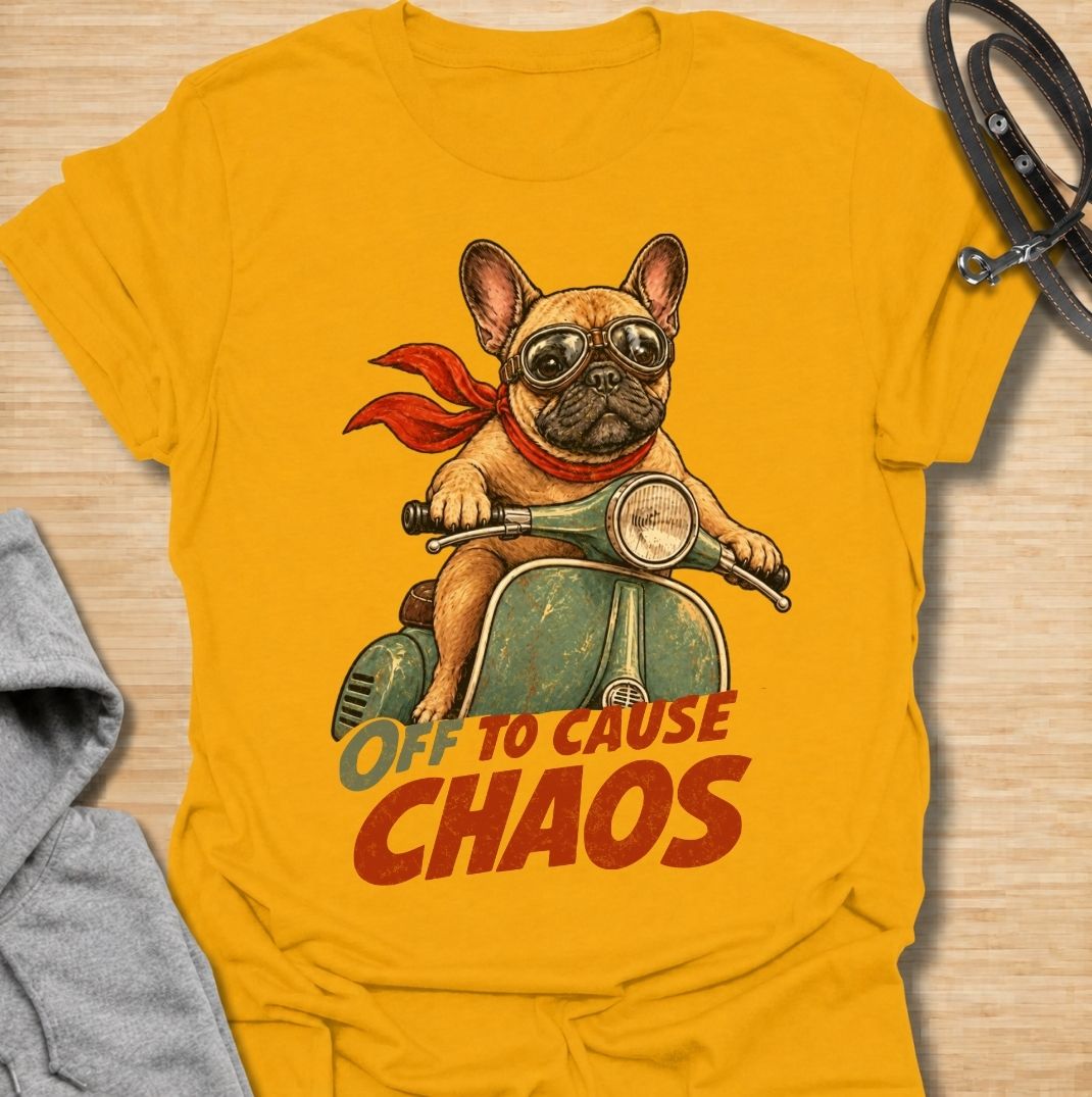 A funny French Bulldog T-shirt for anyone who knows a Frenchie can turn even a quiet day into an adventure. Featuring the phrase “Off to Cause Chaos” with a confident French Bulldog riding a vintage scooter, this design captures the breed’s bold, mischievous personality perfectly. Perfect for Frenchie moms, Frenchie dads, bulldog lovers, and anyone who lives with a small dog with very big energy. A playful everyday tee for fans of French Bulldog humor, retro dog art, and breed-specific gifts.