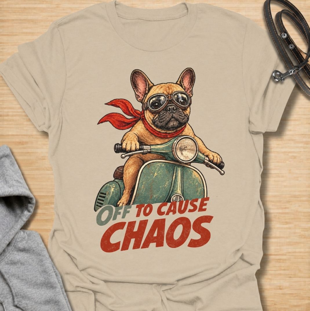 A funny French Bulldog T-shirt for anyone who knows a Frenchie can turn even a quiet day into an adventure. Featuring the phrase “Off to Cause Chaos” with a confident French Bulldog riding a vintage scooter, this design captures the breed’s bold, mischievous personality perfectly. Perfect for Frenchie moms, Frenchie dads, bulldog lovers, and anyone who lives with a small dog with very big energy. A playful everyday tee for fans of French Bulldog humor, retro dog art, and breed-specific gifts.