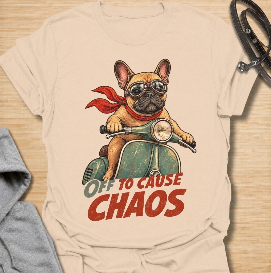 A funny French Bulldog T-shirt for anyone who knows a Frenchie can turn even a quiet day into an adventure. Featuring the phrase “Off to Cause Chaos” with a confident French Bulldog riding a vintage scooter, this design captures the breed’s bold, mischievous personality perfectly. Perfect for Frenchie moms, Frenchie dads, bulldog lovers, and anyone who lives with a small dog with very big energy. A playful everyday tee for fans of French Bulldog humor, retro dog art, and breed-specific gifts.
