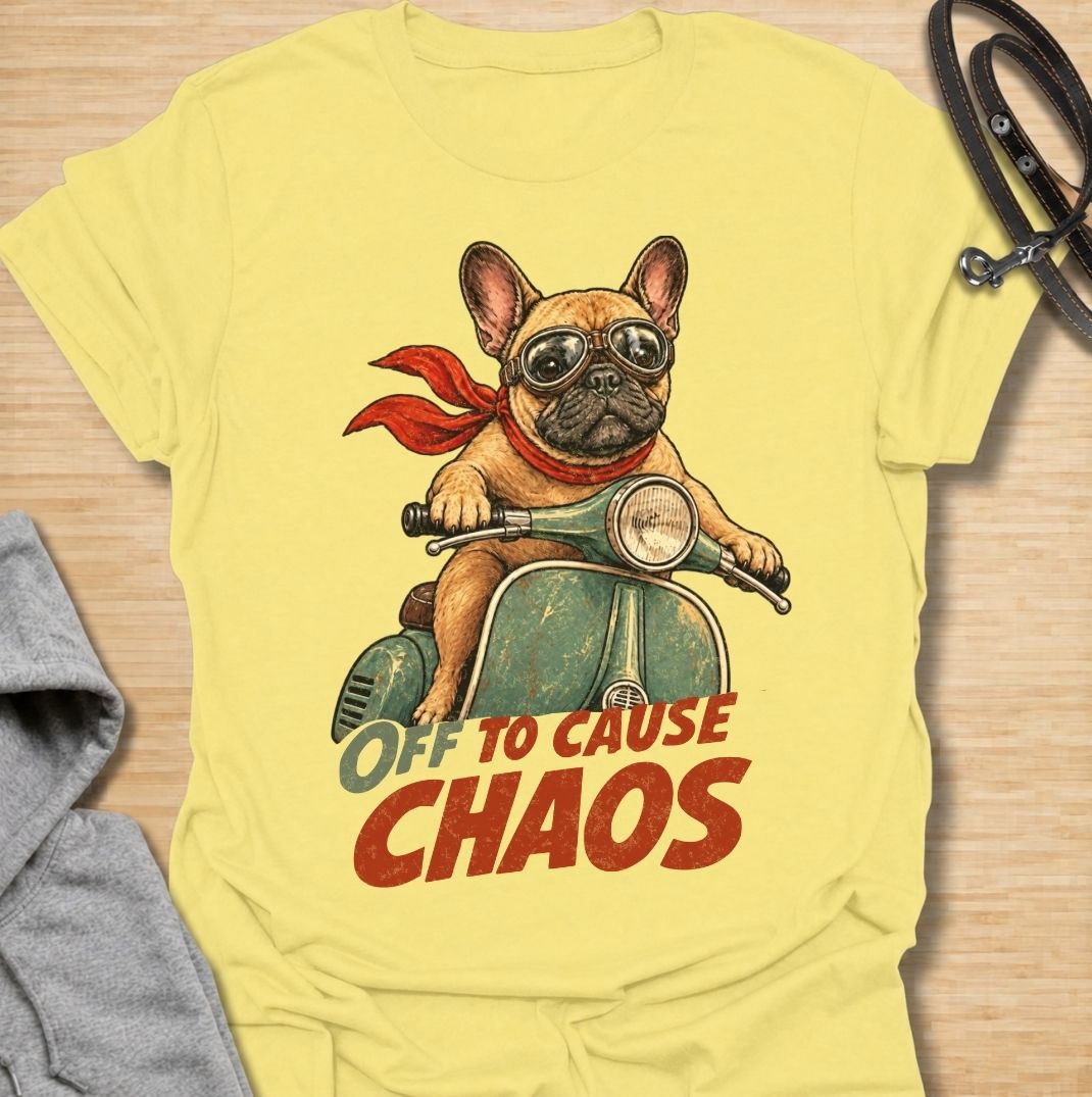 A funny French Bulldog T-shirt for anyone who knows a Frenchie can turn even a quiet day into an adventure. Featuring the phrase “Off to Cause Chaos” with a confident French Bulldog riding a vintage scooter, this design captures the breed’s bold, mischievous personality perfectly. Perfect for Frenchie moms, Frenchie dads, bulldog lovers, and anyone who lives with a small dog with very big energy. A playful everyday tee for fans of French Bulldog humor, retro dog art, and breed-specific gifts.