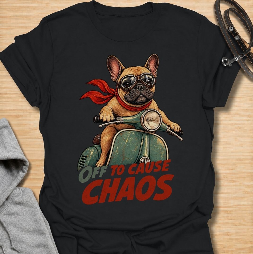 A funny French Bulldog T-shirt for anyone who knows a Frenchie can turn even a quiet day into an adventure. Featuring the phrase “Off to Cause Chaos” with a confident French Bulldog riding a vintage scooter, this design captures the breed’s bold, mischievous personality perfectly. Perfect for Frenchie moms, Frenchie dads, bulldog lovers, and anyone who lives with a small dog with very big energy. A playful everyday tee for fans of French Bulldog humor, retro dog art, and breed-specific gifts.