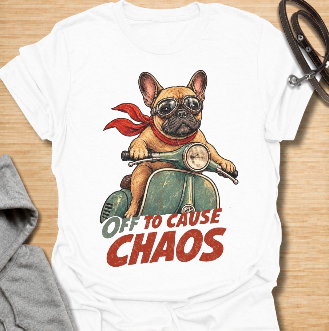 A funny French Bulldog T-shirt for anyone who knows a Frenchie can turn even a quiet day into an adventure. Featuring the phrase “Off to Cause Chaos” with a confident French Bulldog riding a vintage scooter, this design captures the breed’s bold, mischievous personality perfectly. Perfect for Frenchie moms, Frenchie dads, bulldog lovers, and anyone who lives with a small dog with very big energy. A playful everyday tee for fans of French Bulldog humor, retro dog art, and breed-specific gifts.