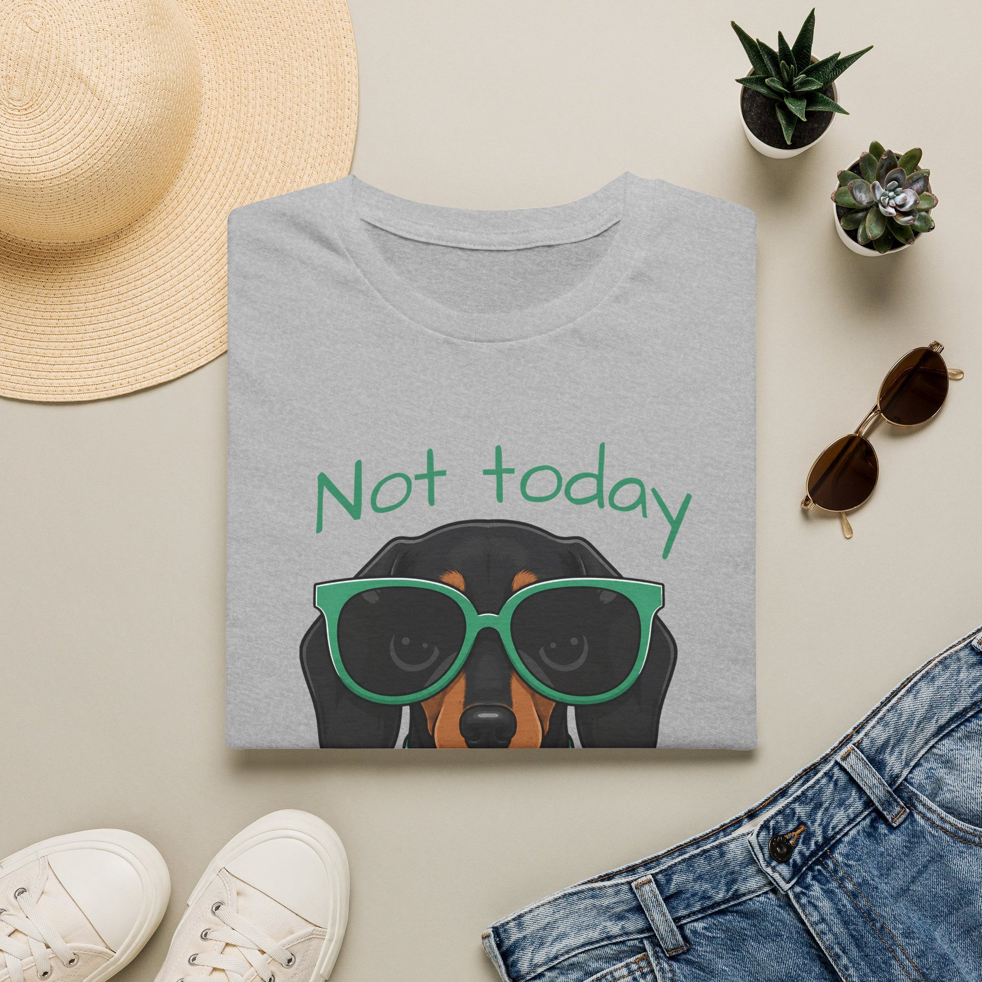 Not Today Hooman t-shirt for dachshund lovers who know their dog has strong boundaries and an even stronger personality. This cute black and tan dachshund design features oversized sunglasses, a bow tie, and the phrase “Not Today Hooman.” Perfect for doxie moms, sausage dog owners, and anyone who loves funny dog attitude shirts.