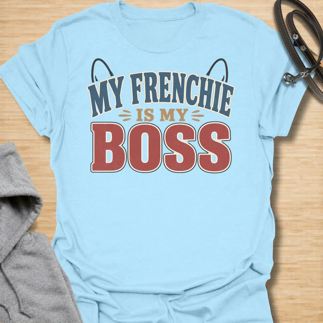 This My Frenchie Is My Boss t-shirt is made for French Bulldog lovers who know exactly who runs the house. Featuring bold varsity-style lettering, playful Frenchie ear details, and a funny dog-parent message, this simple design has a confident breed-specific feel that Frenchie owners will instantly understand. Perfect for Frenchie moms, Frenchie dads, French Bulldog owners, rescue dog lovers, and anyone whose small dog has very big authority.