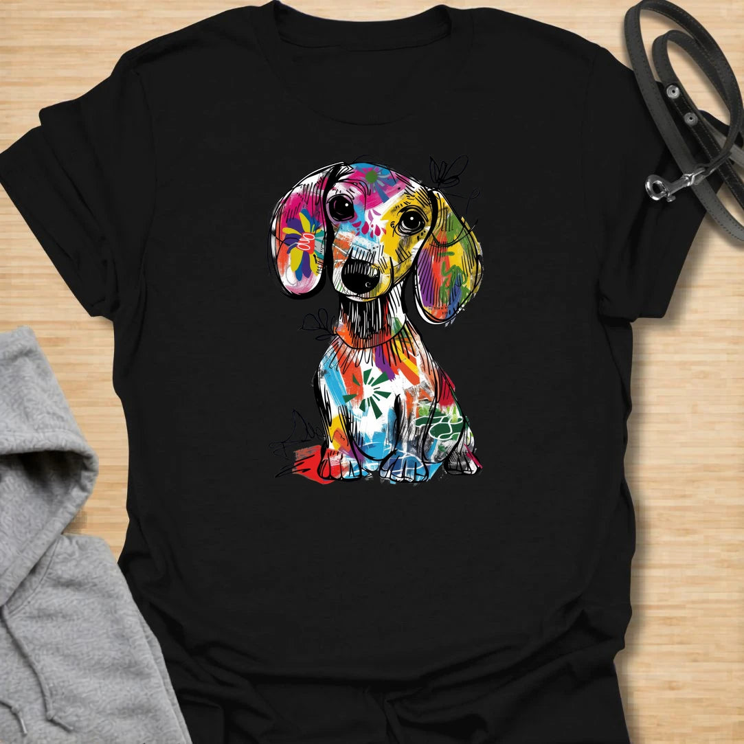 This abstract dachshund t-shirt is full of color, personality, and playful dog lover energy. The bold paint-splash style gives the classic dachshund silhouette a fun, artsy twist that stands out from ordinary dog shirts. It is perfect for dachshund moms, doxie dads, and anyone who loves long dogs with big character. A bright, expressive choice for casual days, dog walks, coffee runs, or gifting to a dachshund lover.