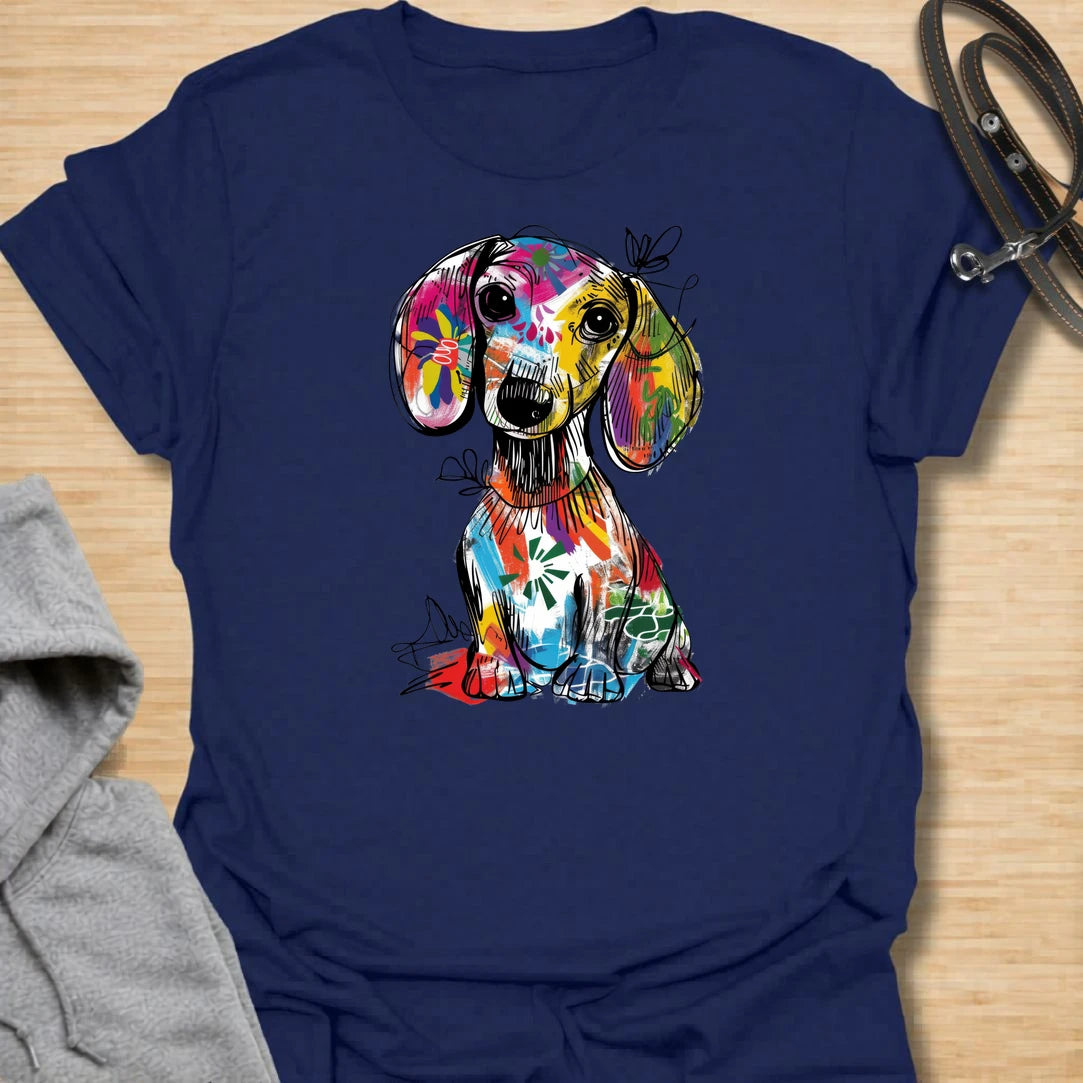 This abstract dachshund t-shirt is full of color, personality, and playful dog lover energy. The bold paint-splash style gives the classic dachshund silhouette a fun, artsy twist that stands out from ordinary dog shirts. It is perfect for dachshund moms, doxie dads, and anyone who loves long dogs with big character. A bright, expressive choice for casual days, dog walks, coffee runs, or gifting to a dachshund lover.