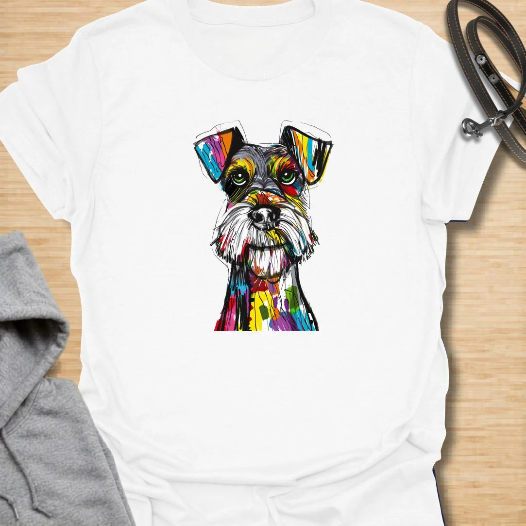 This abstract schnauzer t-shirt brings bold color and expressive dog art together in one eye-catching design. The sketchy black linework and vibrant paint-style details give the schnauzer a fun, modern, artistic feel. It is a great choice for schnauzer moms, schnauzer dads, and dog lovers who enjoy unique breed-specific shirts. Perfect for casual outfits, coffee days, dog walks, or gifting to someone obsessed with their schnauzer.