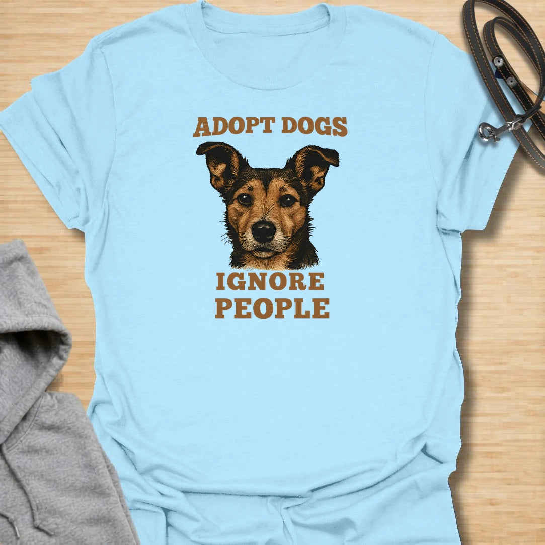This adopt dogs ignore people t-shirt is perfect for rescue dog lovers with a strong sense of humor. The bold vintage-style text and loyal dog portrait make the design simple, readable, and full of personality. It is a great choice for dog moms, dog dads, rescue supporters, and anyone who would rather spend time with dogs than deal with people. A fun everyday shirt for shelter volunteers, adopters, foster families, and proud dog people who believe rescue dogs deserve all the attention.