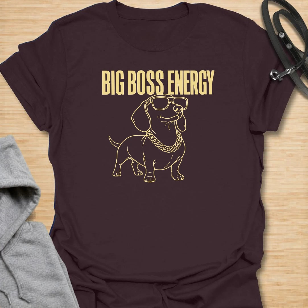 This Big Boss Energy t-shirt is made for dachshund lovers who know their little long dog may be small, but definitely runs the house. Featuring a cool dachshund line-art design with sunglasses, chain detail, and bold simple text, this funny dog tee is great for dachshund moms, dachshund dads, wiener dog fans, rescue dog lovers, and anyone whose doxie has serious boss-level confidence.