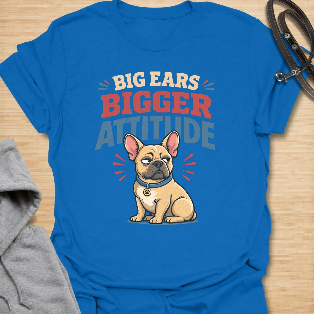 This Big Ears Bigger Attitude t-shirt is made for French Bulldog lovers who know those famous bat ears come with plenty of sass. Featuring bold retro lettering, a grumpy cartoon Frenchie, and a funny breed-specific message, this design has a playful dog-parent feel that Frenchie owners will instantly understand. Perfect for Frenchie moms, Frenchie dads, French Bulldog owners, rescue dog lovers, and anyone whose small dog has a seriously big personality.