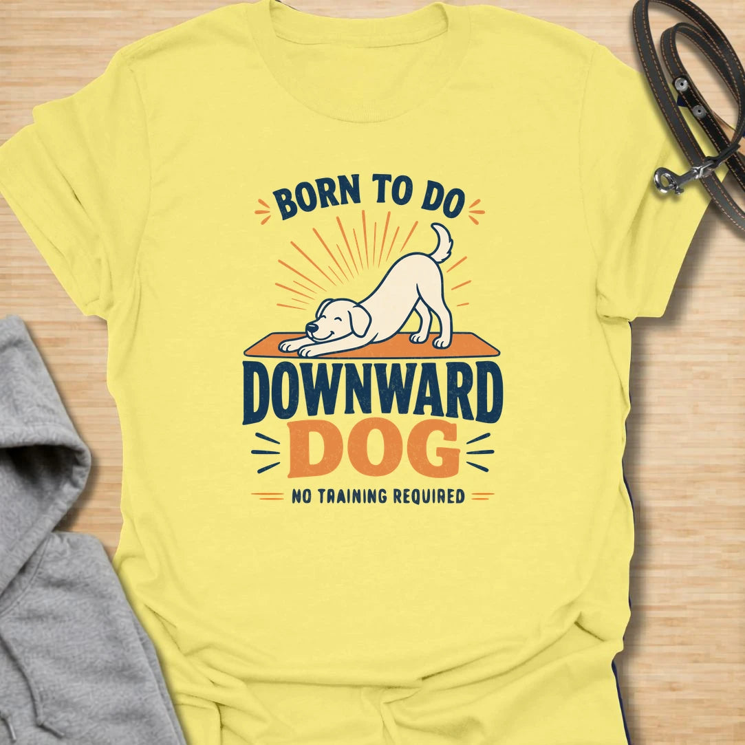 A funny dog yoga T-shirt featuring a cheerful pup demonstrating the original downward dog pose. The bold retro-inspired design is perfect for dog lovers, yoga fans, and anyone who believes stretching should require no training. A playful gift for yoga enthusiasts, dog moms, fitness lovers, and pet owners.