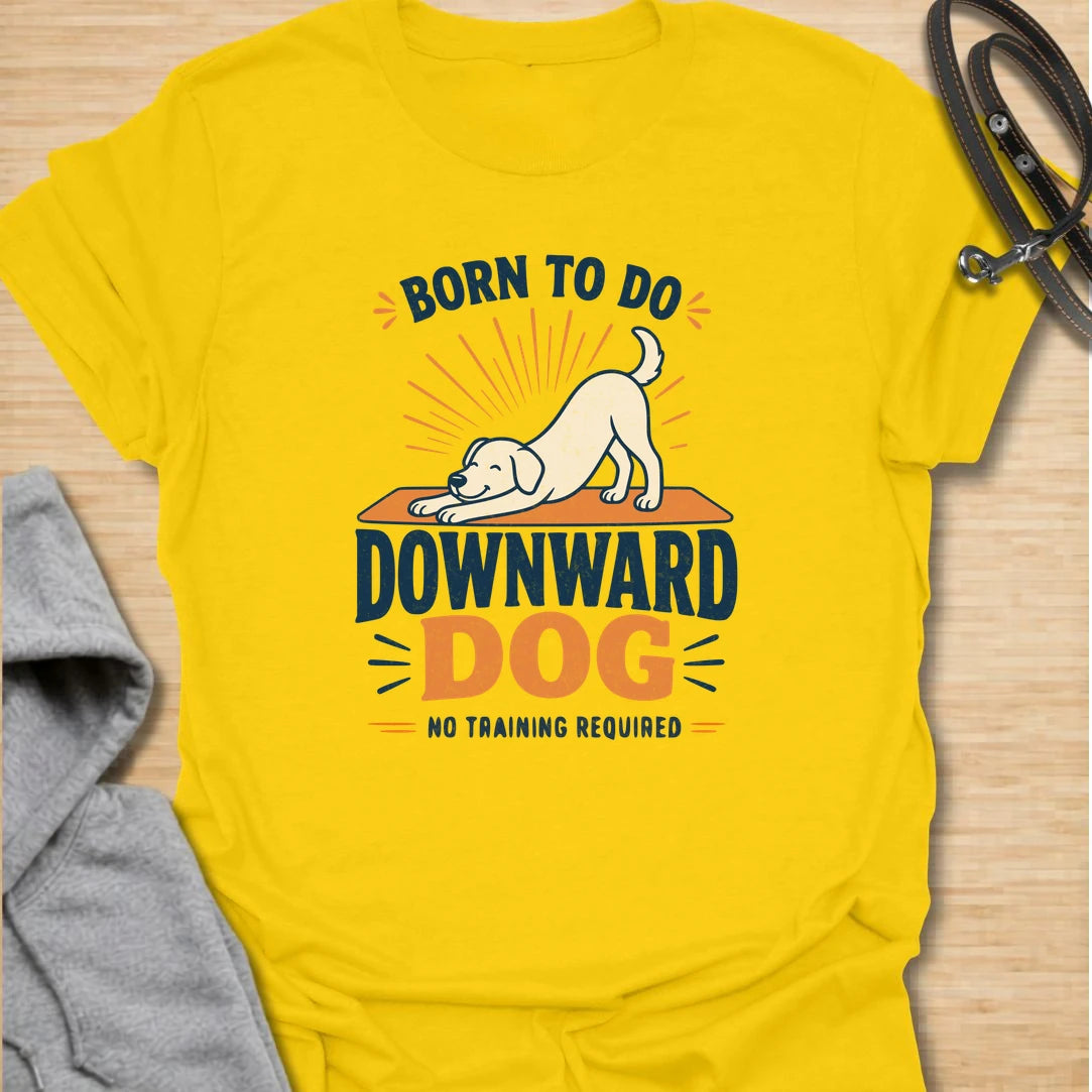 A funny dog yoga T-shirt featuring a cheerful pup demonstrating the original downward dog pose. The bold retro-inspired design is perfect for dog lovers, yoga fans, and anyone who believes stretching should require no training. A playful gift for yoga enthusiasts, dog moms, fitness lovers, and pet owners.