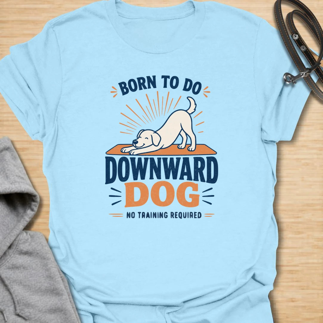 A funny dog yoga T-shirt featuring a cheerful pup demonstrating the original downward dog pose. The bold retro-inspired design is perfect for dog lovers, yoga fans, and anyone who believes stretching should require no training. A playful gift for yoga enthusiasts, dog moms, fitness lovers, and pet owners.