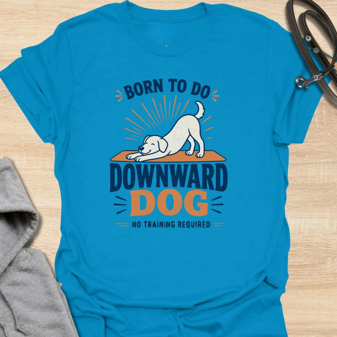 A funny dog yoga T-shirt featuring a cheerful pup demonstrating the original downward dog pose. The bold retro-inspired design is perfect for dog lovers, yoga fans, and anyone who believes stretching should require no training. A playful gift for yoga enthusiasts, dog moms, fitness lovers, and pet owners.