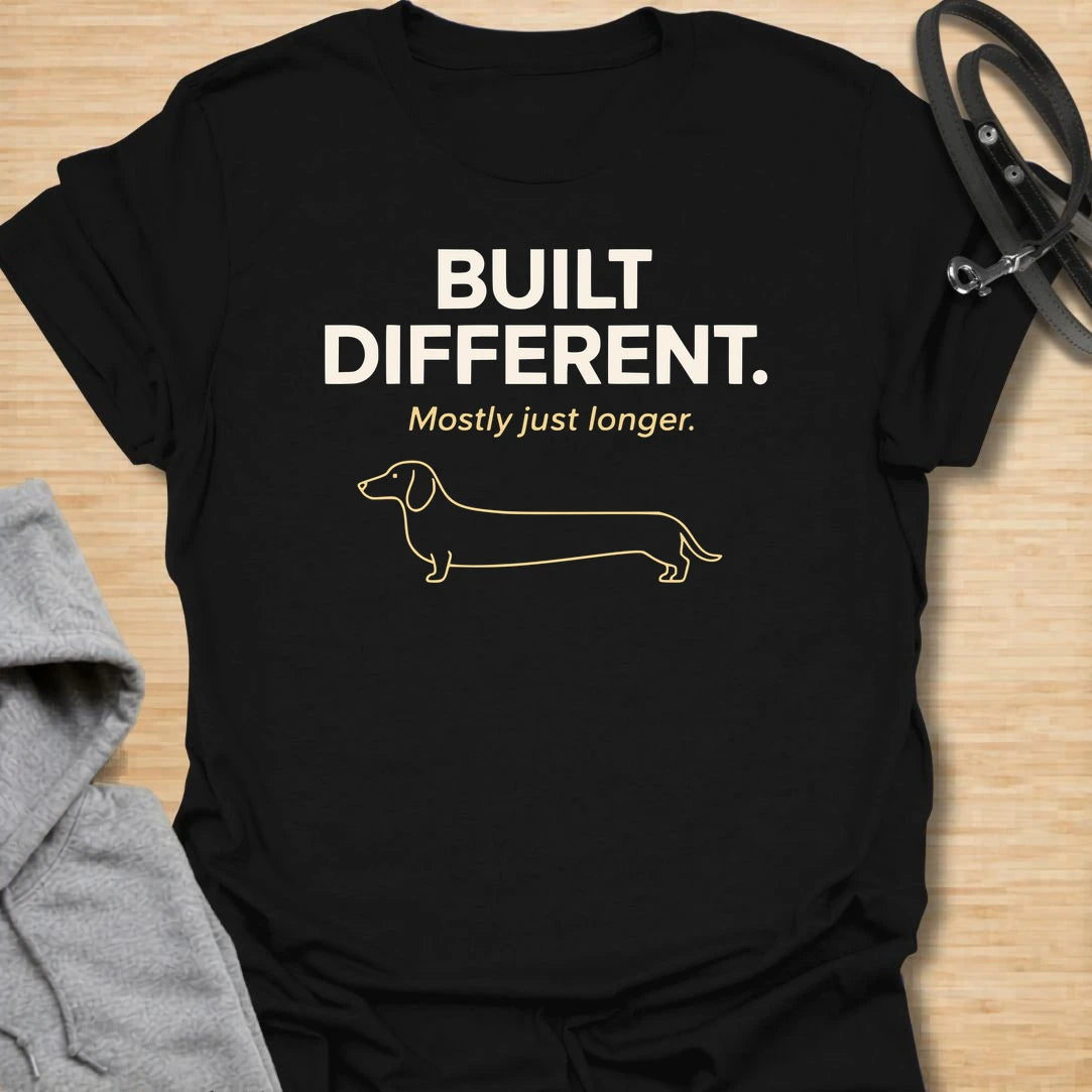 This Built Different Mostly Just Longer t-shirt is made for dachshund lovers who know their little long dog has a body shape like no other. Featuring clean bold typography, a minimal dachshund line illustration, and a funny breed-specific punchline, this design has a simple modern dog-parent feel that doxie owners will instantly understand. Perfect for dachshund moms, dachshund dads, wiener dog fans, rescue dog lovers, and anyone who loves a tiny-legged dog with a very long personality.