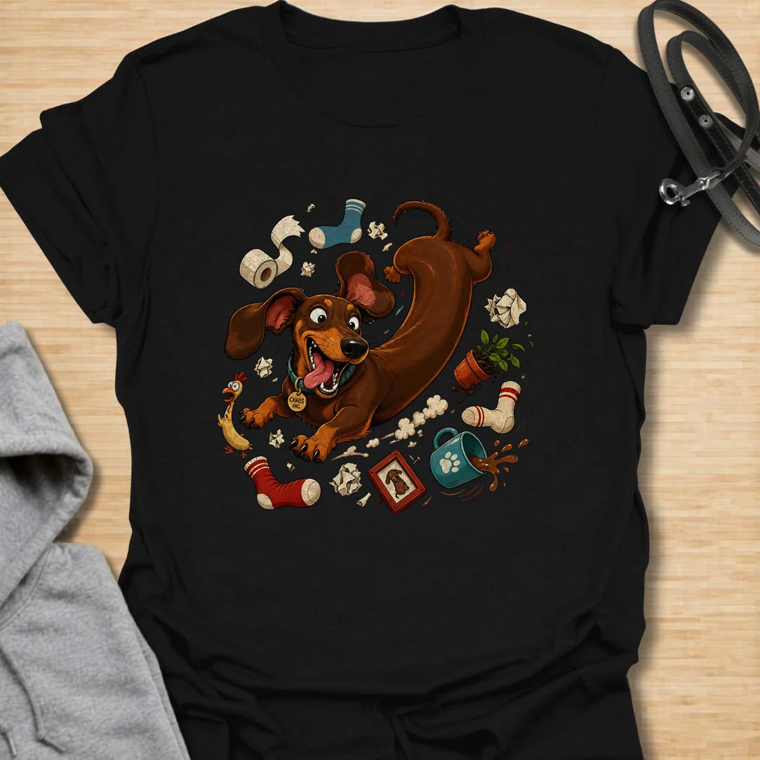 Funny dachshund t-shirt featuring a wild and mischievous doxie surrounded by total household chaos. The “Chaos Reigns” design is perfect for dachshund owners who know these little dogs may be small, but they bring huge personality, energy, and trouble wherever they go. With its playful artwork and humorous theme, this shirt is a great fit for dog moms, dog dads, and anyone obsessed with funny wiener dog apparel. It also makes a great gift for dachshund lovers who appreciate the messy, lovable, and completel