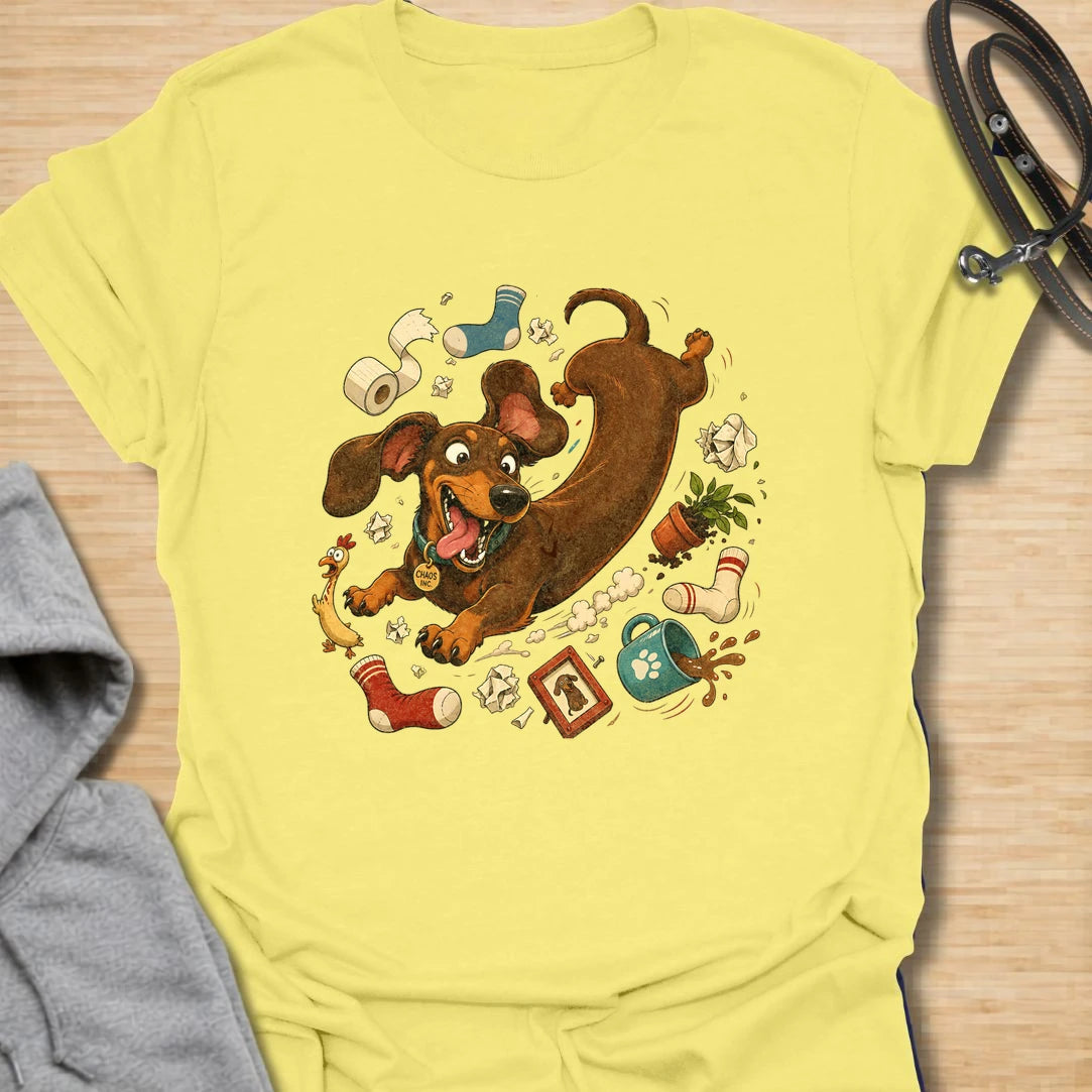 Funny dachshund t-shirt featuring a wild and mischievous doxie surrounded by total household chaos. The “Chaos Reigns” design is perfect for dachshund owners who know these little dogs may be small, but they bring huge personality, energy, and trouble wherever they go. With its playful artwork and humorous theme, this shirt is a great fit for dog moms, dog dads, and anyone obsessed with funny wiener dog apparel. It also makes a great gift for dachshund lovers who appreciate the messy, lovable, and completel