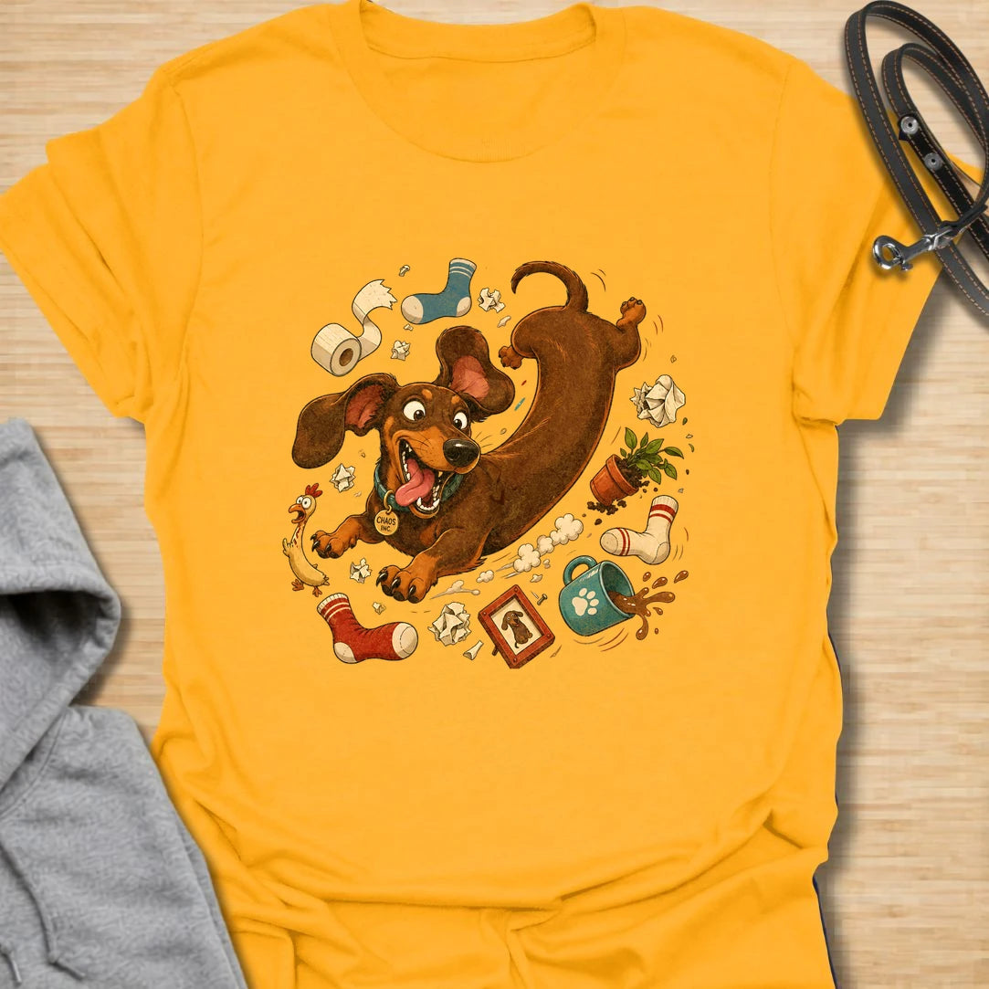 Funny dachshund t-shirt featuring a wild and mischievous doxie surrounded by total household chaos. The “Chaos Reigns” design is perfect for dachshund owners who know these little dogs may be small, but they bring huge personality, energy, and trouble wherever they go. With its playful artwork and humorous theme, this shirt is a great fit for dog moms, dog dads, and anyone obsessed with funny wiener dog apparel. It also makes a great gift for dachshund lovers who appreciate the messy, lovable, and completel