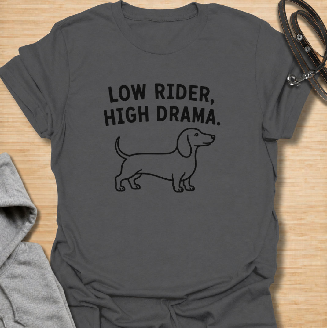 Low to the ground and never short on drama. This funny dachshund T-shirt features a clean minimalist sausage dog illustration with the phrase “Low Rider, High Drama.” A simple, wearable gift for dachshund owners, doxie lovers, dog moms, and anyone familiar with the breed’s larger-than-life personality.