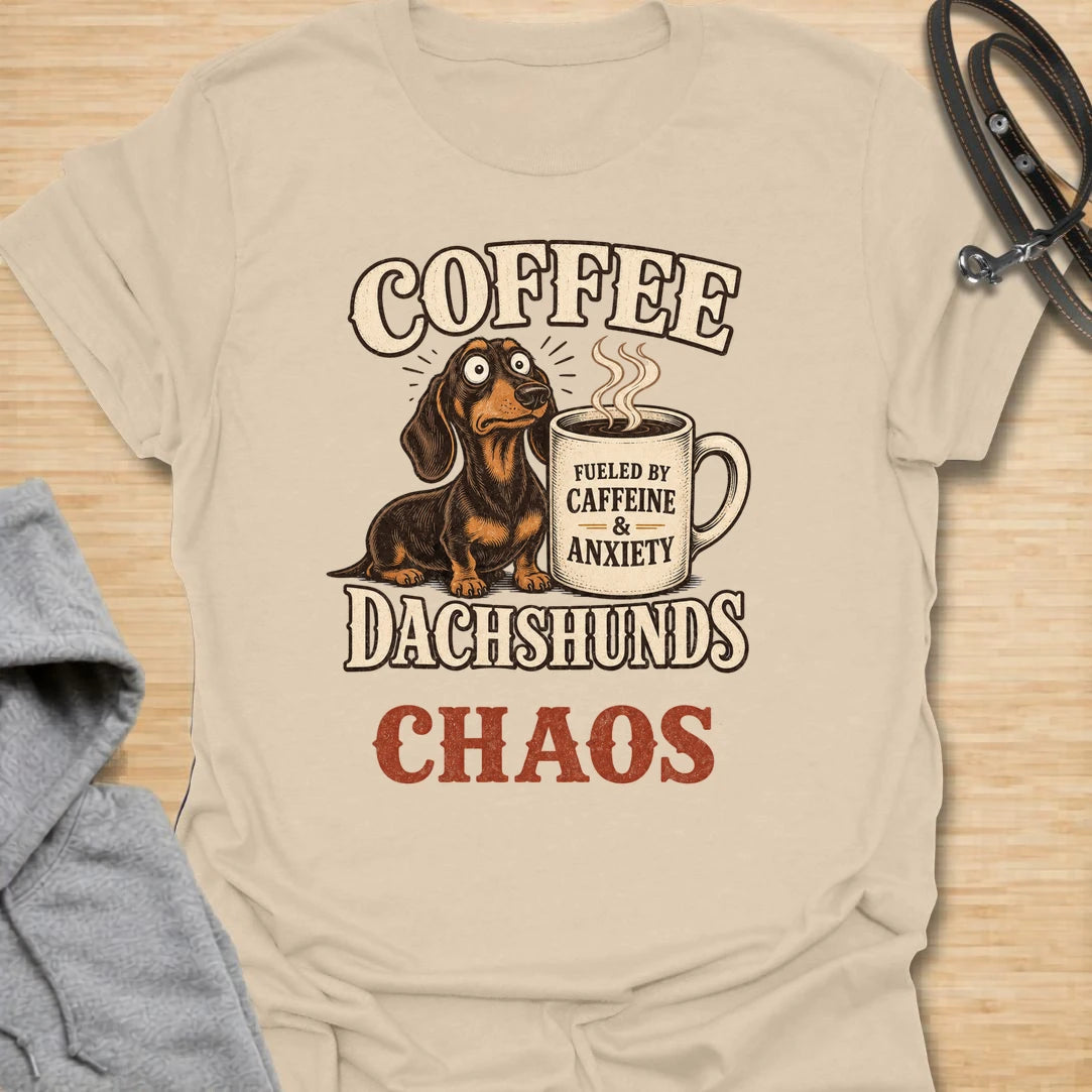 This Coffee Dachshunds Chaos t-shirt is made for doxie lovers who run on caffeine, anxiety, and tiny long-dog drama. Featuring a wide-eyed dachshund beside a coffee mug with bold retro lettering, this funny dog design is great for dachshund moms, dachshund dads, coffee lovers, wiener dog fans, rescue dog lovers, and anyone whose day is fueled by dachshunds and chaos.