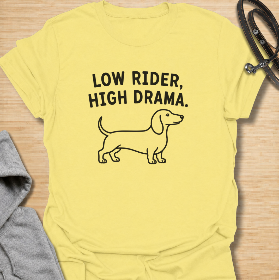 Low to the ground and never short on drama. This funny dachshund T-shirt features a clean minimalist sausage dog illustration with the phrase “Low Rider, High Drama.” A simple, wearable gift for dachshund owners, doxie lovers, dog moms, and anyone familiar with the breed’s larger-than-life personality.