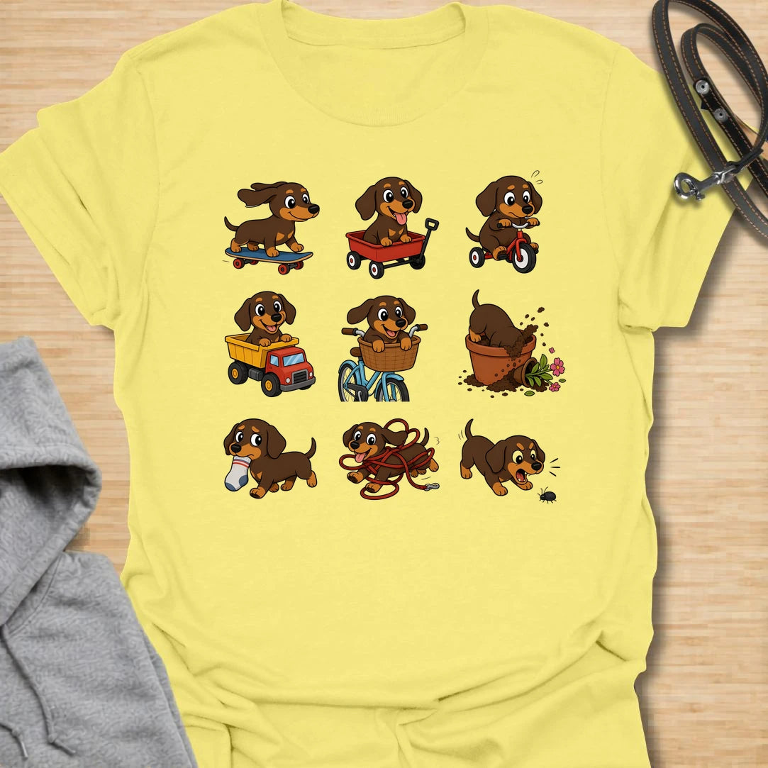 This dachshund adventure t-shirt features a playful collection of doxies getting into all kinds of trouble. From skateboards and wagons to bikes, socks, mud, and barking, it captures the chaotic charm dachshund lovers know too well. The fun cartoon style makes it a cheerful choice for anyone who loves silly dog humor and breed-specific designs. It is perfect for dachshund moms, doxie dads, and people whose little long dog is always busy doing something questionable.