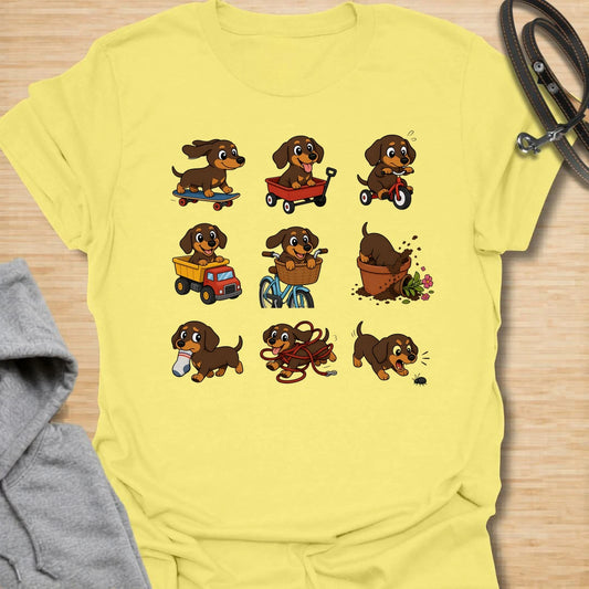 This dachshund adventure t-shirt features a playful collection of doxies getting into all kinds of trouble. From skateboards and wagons to bikes, socks, mud, and barking, it captures the chaotic charm dachshund lovers know too well. The fun cartoon style makes it a cheerful choice for anyone who loves silly dog humor and breed-specific designs. It is perfect for dachshund moms, doxie dads, and people whose little long dog is always busy doing something questionable.