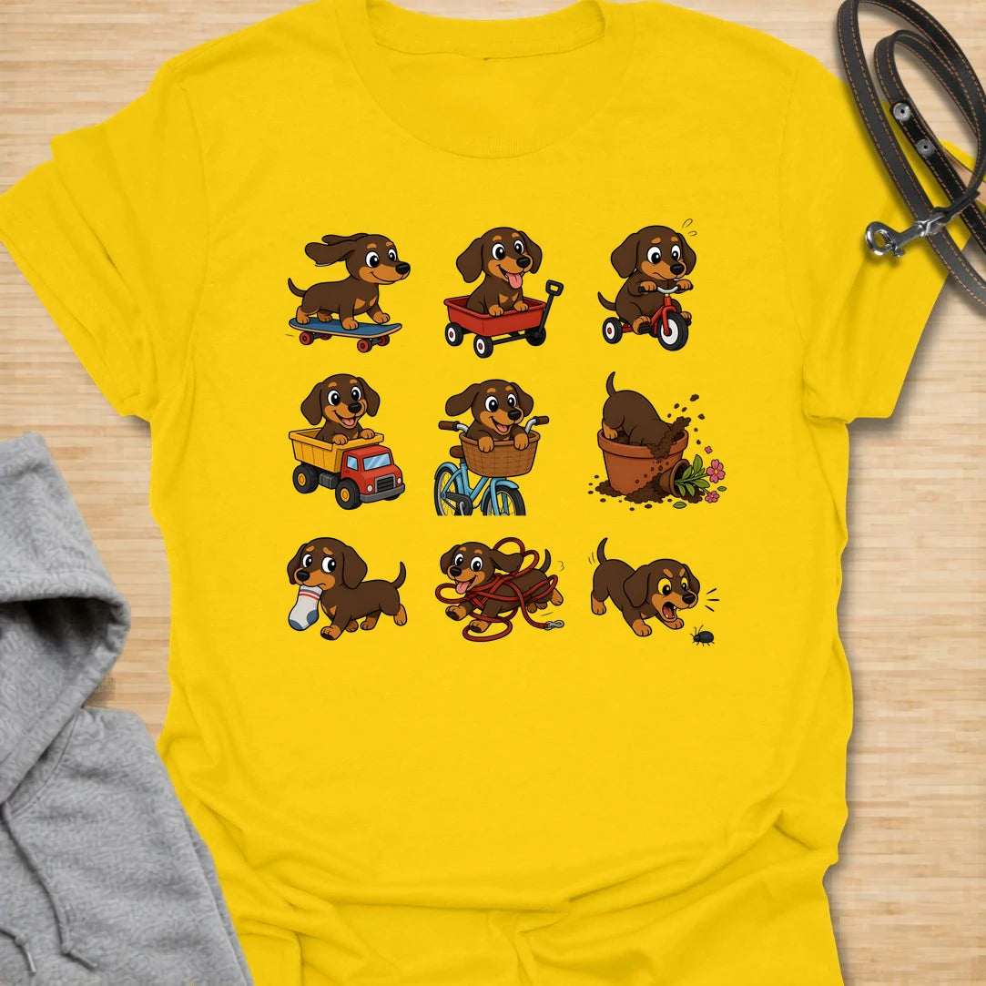 This dachshund adventure t-shirt features a playful collection of doxies getting into all kinds of trouble. From skateboards and wagons to bikes, socks, mud, and barking, it captures the chaotic charm dachshund lovers know too well. The fun cartoon style makes it a cheerful choice for anyone who loves silly dog humor and breed-specific designs. It is perfect for dachshund moms, doxie dads, and people whose little long dog is always busy doing something questionable.