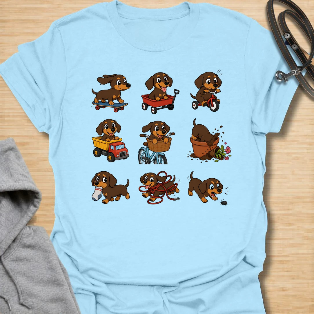 This dachshund adventure t-shirt features a playful collection of doxies getting into all kinds of trouble. From skateboards and wagons to bikes, socks, mud, and barking, it captures the chaotic charm dachshund lovers know too well. The fun cartoon style makes it a cheerful choice for anyone who loves silly dog humor and breed-specific designs. It is perfect for dachshund moms, doxie dads, and people whose little long dog is always busy doing something questionable.