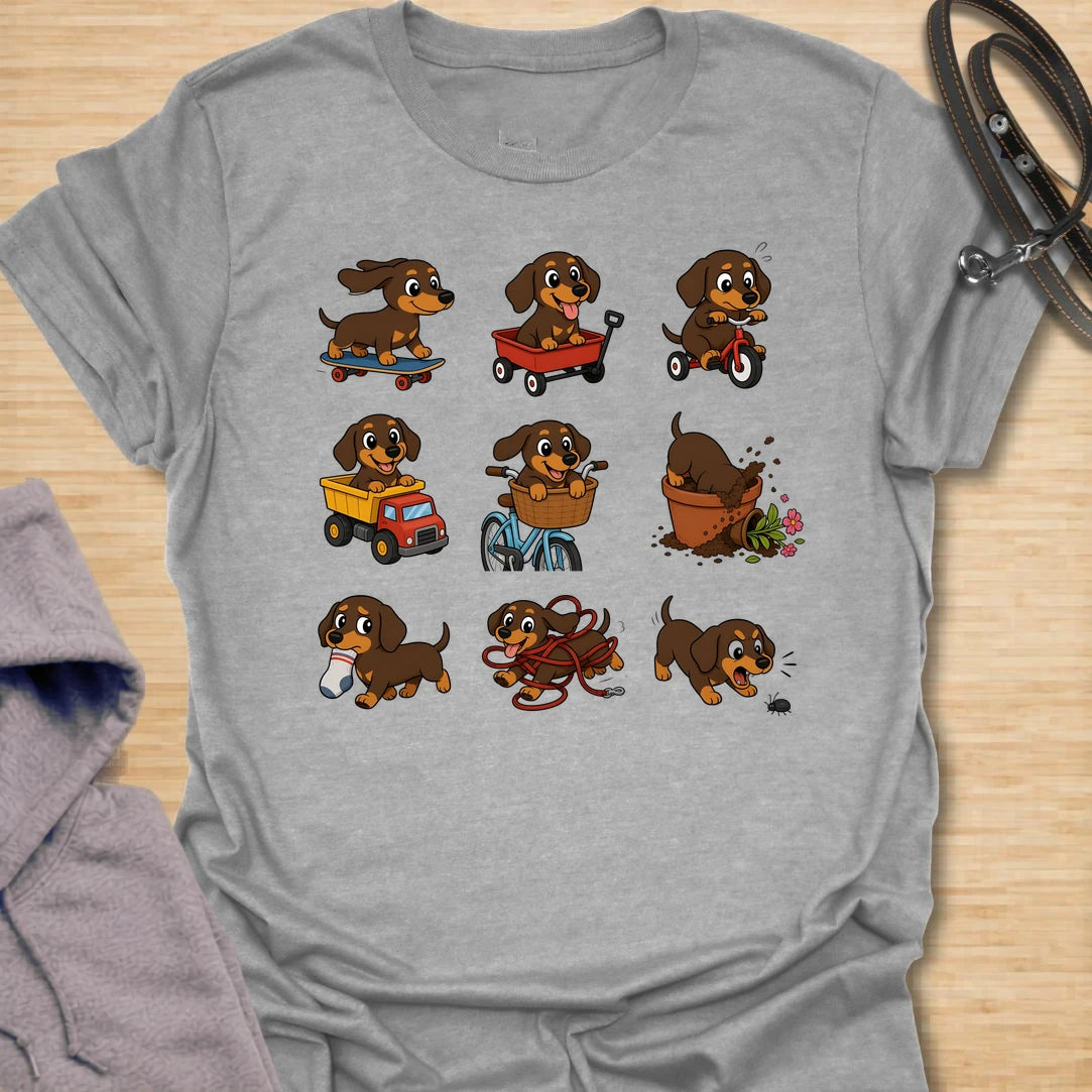 This dachshund adventure t-shirt features a playful collection of doxies getting into all kinds of trouble. From skateboards and wagons to bikes, socks, mud, and barking, it captures the chaotic charm dachshund lovers know too well. The fun cartoon style makes it a cheerful choice for anyone who loves silly dog humor and breed-specific designs. It is perfect for dachshund moms, doxie dads, and people whose little long dog is always busy doing something questionable.