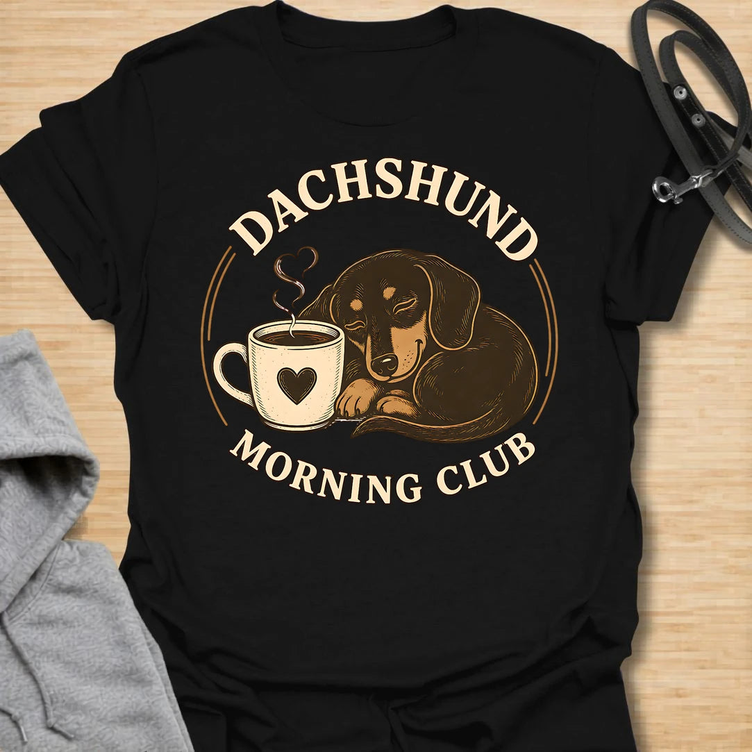 This Dachshund Morning Club t-shirt is made for doxie lovers who know mornings are better with coffee and a little long dog nearby. Featuring a cozy dachshund curled beside a steaming mug with vintage-style circular lettering, this cute dog design is great for dachshund moms, dachshund dads, coffee lovers, wiener dog fans, rescue dog lovers, and anyone whose morning routine includes caffeine and dachshund company.
