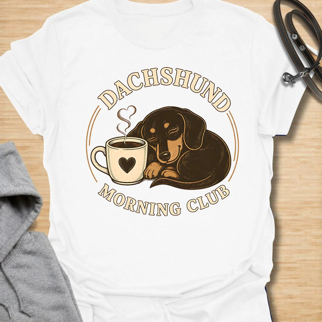 This Dachshund Morning Club t-shirt is made for doxie lovers who know mornings are better with coffee and a little long dog nearby. Featuring a cozy dachshund curled beside a steaming mug with vintage-style circular lettering, this cute dog design is great for dachshund moms, dachshund dads, coffee lovers, wiener dog fans, rescue dog lovers, and anyone whose morning routine includes caffeine and dachshund company.