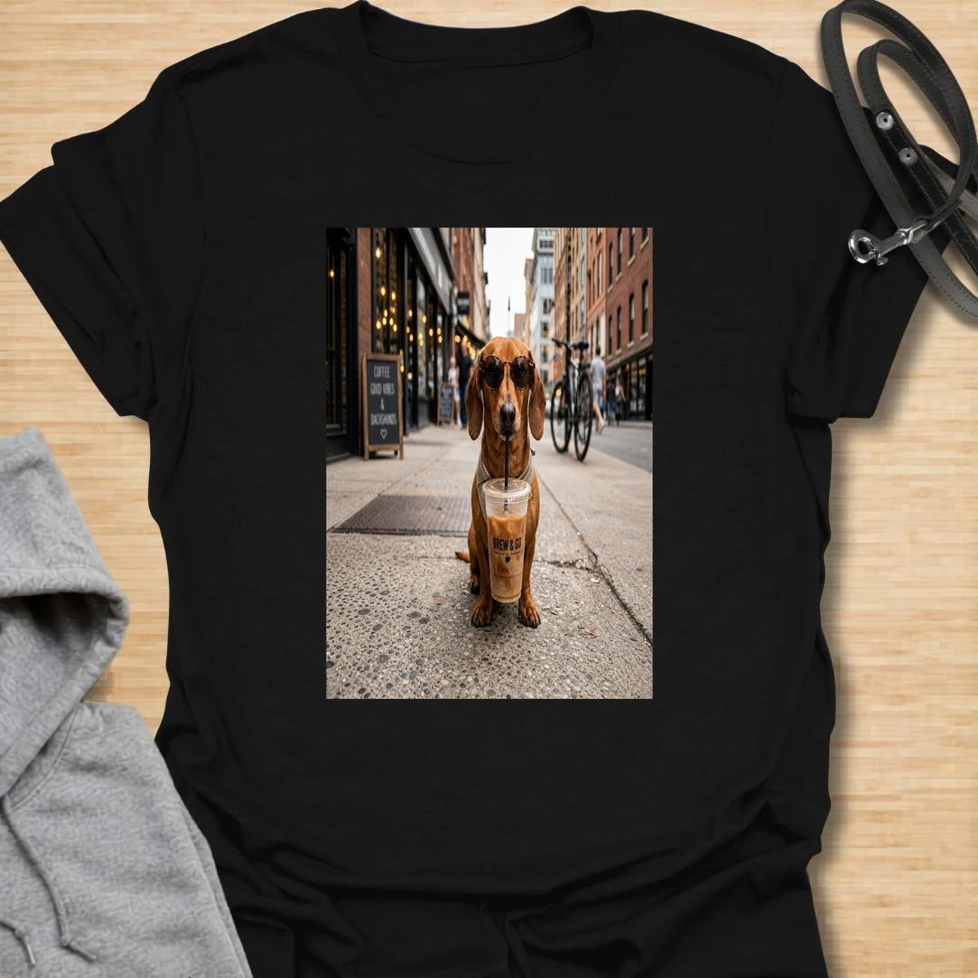 This dachshund with iced coffee t-shirt is perfect for anyone who loves coffee, city walks, and long little dogs. The stylish dachshund with sunglasses and iced coffee gives the design a casual café-inspired look. It has a fun lifestyle feel that works especially well for dachshund moms, dog lovers, and iced coffee fans. Wear it for coffee runs, weekend errands, dog walks, or as a gift for someone whose dachshund is basically their coffee date.