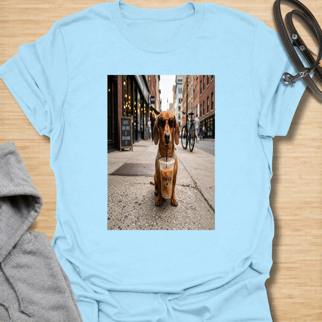 This dachshund with iced coffee t-shirt is perfect for anyone who loves coffee, city walks, and long little dogs. The stylish dachshund with sunglasses and iced coffee gives the design a casual café-inspired look. It has a fun lifestyle feel that works especially well for dachshund moms, dog lovers, and iced coffee fans. Wear it for coffee runs, weekend errands, dog walks, or as a gift for someone whose dachshund is basically their coffee date.