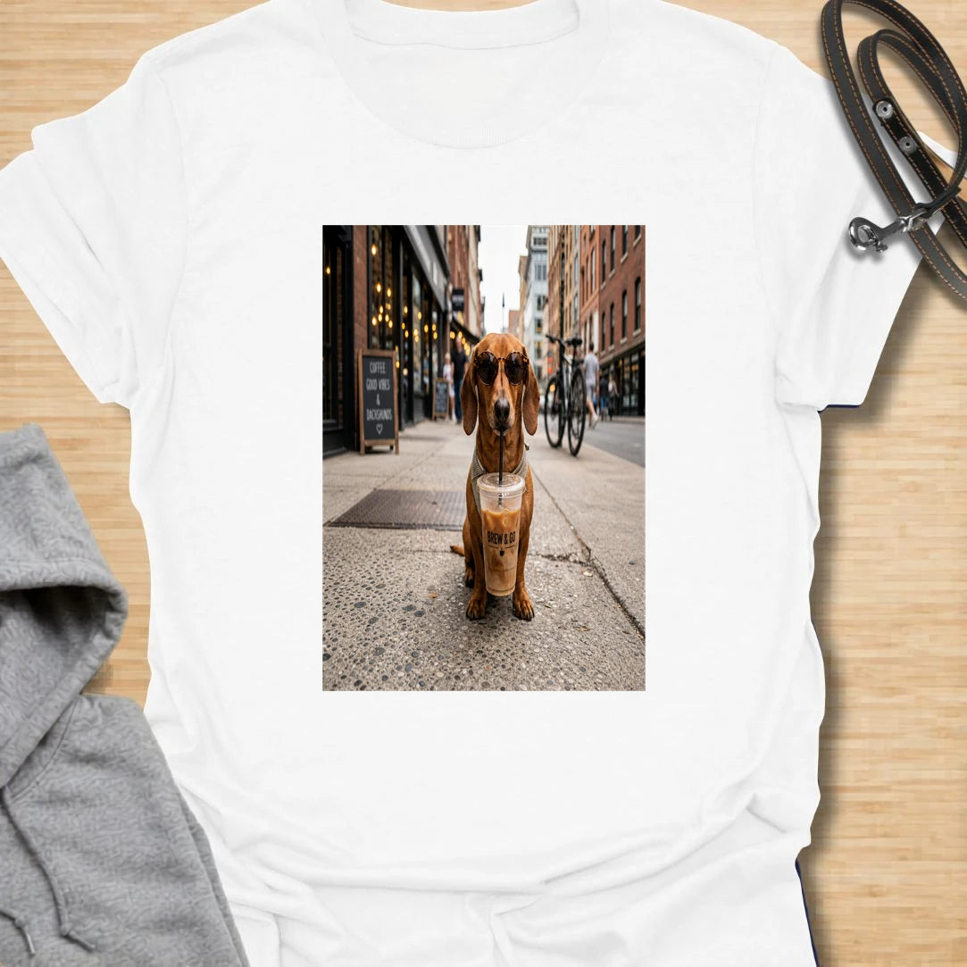 This dachshund with iced coffee t-shirt is perfect for anyone who loves coffee, city walks, and long little dogs. The stylish dachshund with sunglasses and iced coffee gives the design a casual café-inspired look. It has a fun lifestyle feel that works especially well for dachshund moms, dog lovers, and iced coffee fans. Wear it for coffee runs, weekend errands, dog walks, or as a gift for someone whose dachshund is basically their coffee date.