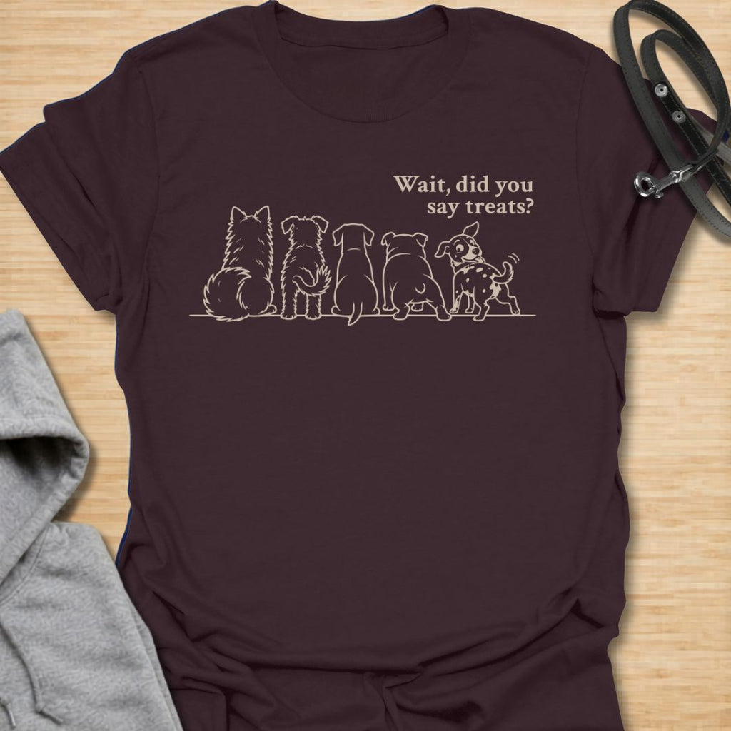 Funny dog lover t-shirt featuring a group of dogs and the phrase “Wait, did you say treats?” Perfect for dog moms, dog dads, rescue dog lovers, and pet parents who know dogs never miss the snack conversation.