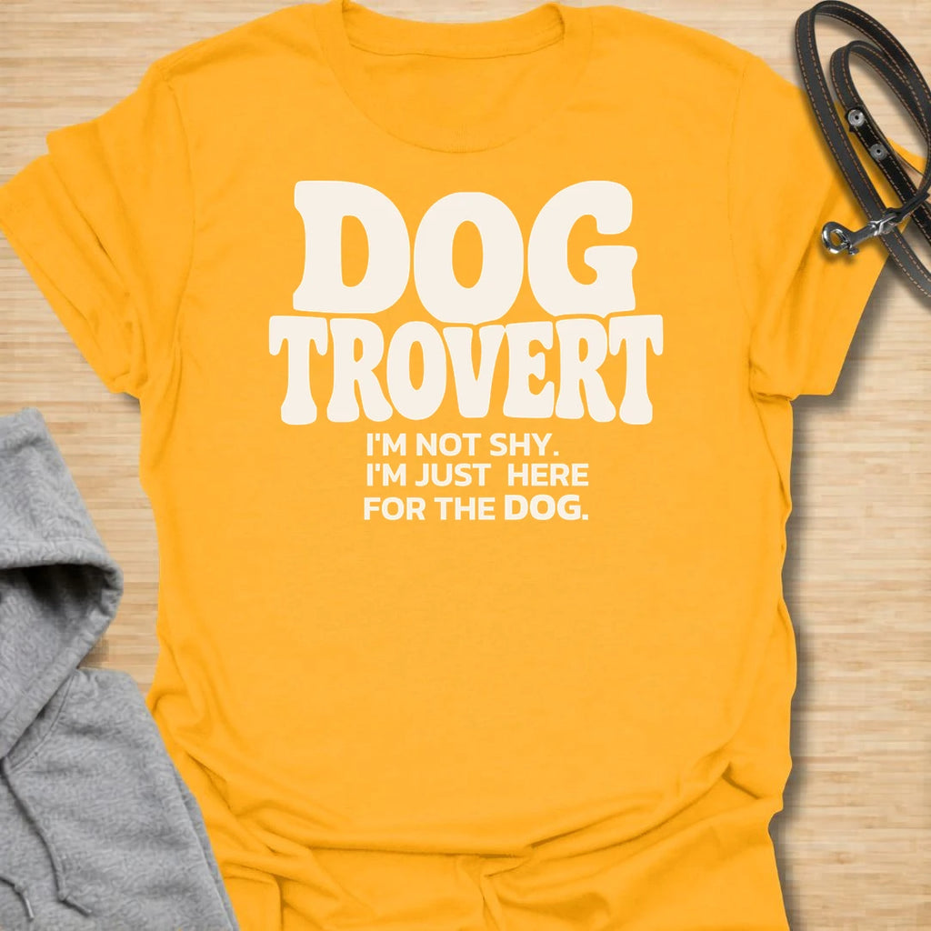 This Dogtrovert t-shirt is made for dog lovers who are not shy, they are simply more interested in the dog. Featuring bold retro typography and the phrase I’m not shy, I’m just here for the dog, this design has a funny, relatable feel for introverted dog people. Perfect for dog moms, dog dads, rescue dog owners, pet parents, introverts, and anyone who would rather make friends with the dog first. Gold