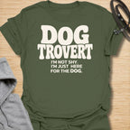 This Dogtrovert t-shirt is made for dog lovers who are not shy, they are simply more interested in the dog. Featuring bold retro typography and the phrase I’m not shy, I’m just here for the dog, this design has a funny, relatable feel for introverted dog people. Perfect for dog moms, dog dads, rescue dog owners, pet parents, introverts, and anyone who would rather make friends with the dog first. Military Green