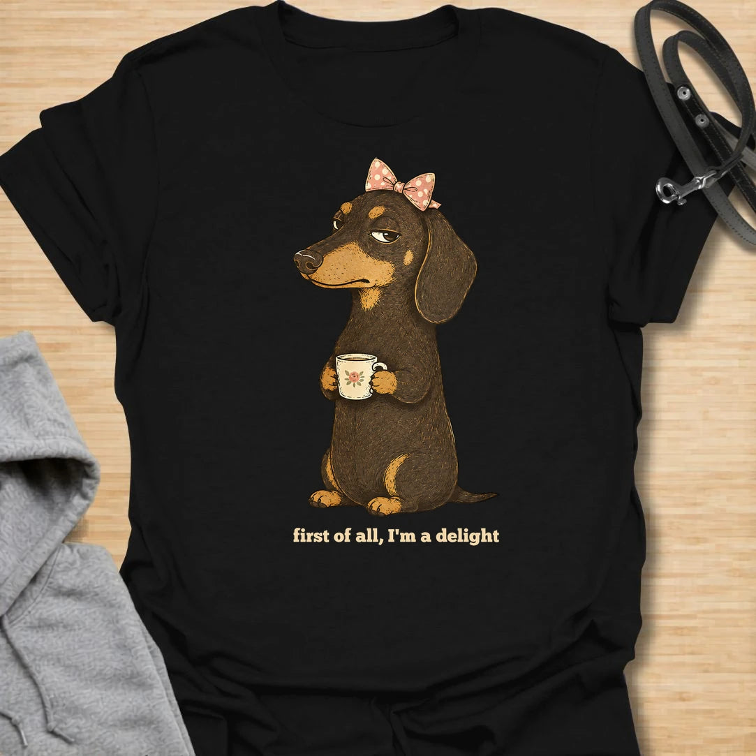 This First Of All I’m A Delight t-shirt is made for dachshund lovers who know their little long dog may be dramatic, judgmental, and demanding, but still completely adorable. Featuring a cute dachshund with a bow and mug, this design has a funny sweet-but-sassy dog-parent feel. Perfect for dachshund moms, doxie lovers, wiener dog fans, rescue dog lovers, and anyone whose dachshund is convinced they are a delight.