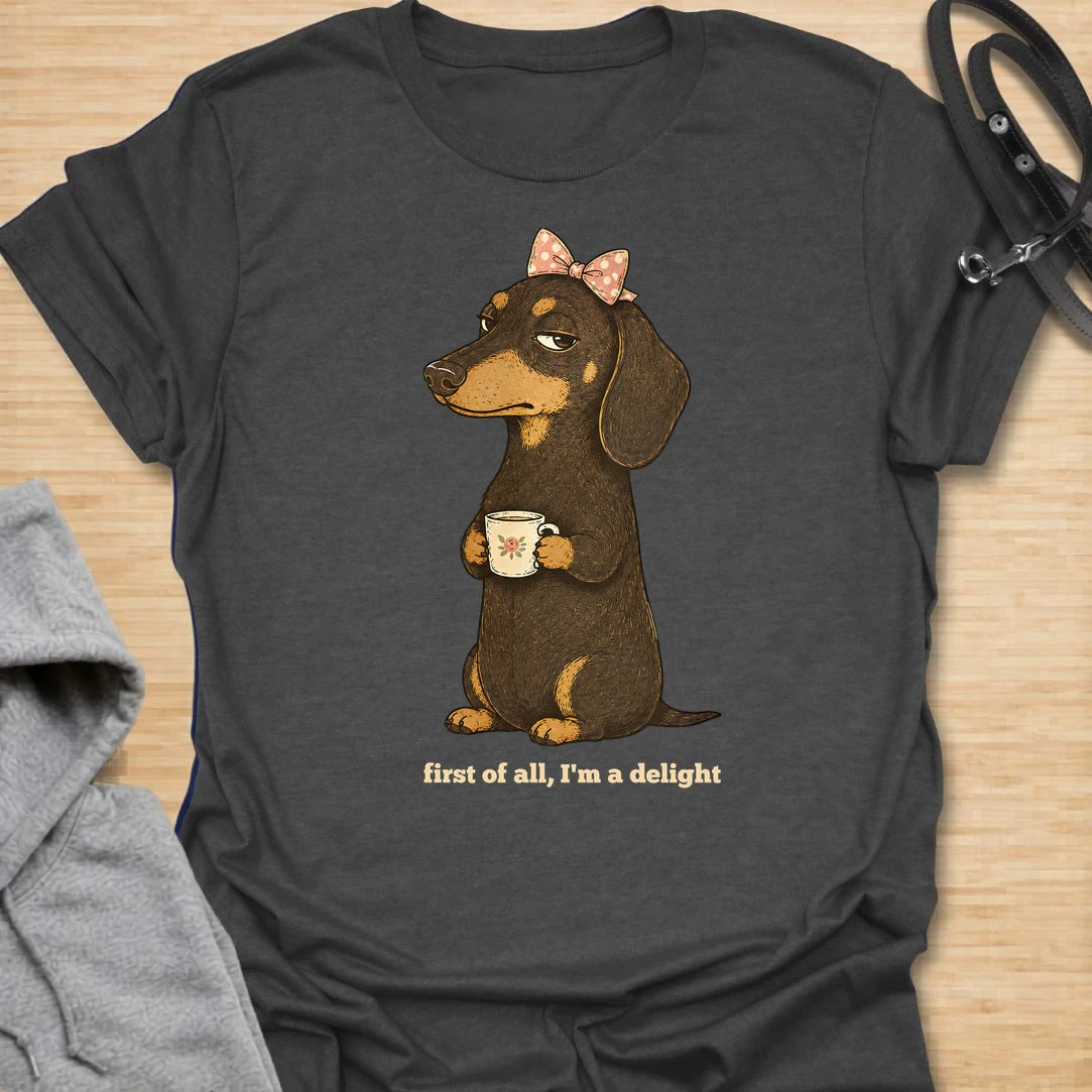 This First Of All I’m A Delight t-shirt is made for dachshund lovers who know their little long dog may be dramatic, judgmental, and demanding, but still completely adorable. Featuring a cute dachshund with a bow and mug, this design has a funny sweet-but-sassy dog-parent feel. Perfect for dachshund moms, doxie lovers, wiener dog fans, rescue dog lovers, and anyone whose dachshund is convinced they are a delight.