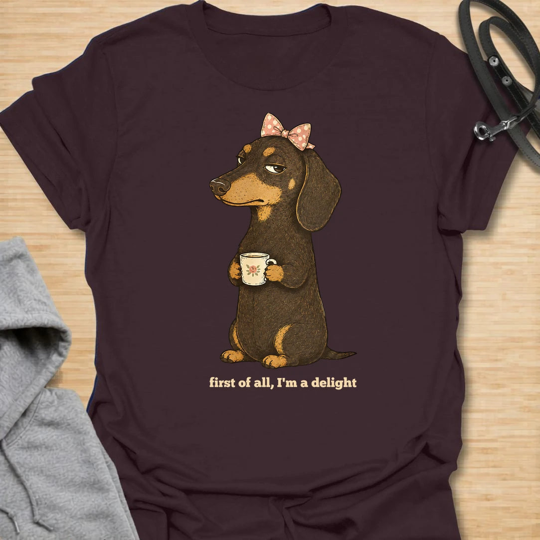 This First Of All I’m A Delight t-shirt is made for dachshund lovers who know their little long dog may be dramatic, judgmental, and demanding, but still completely adorable. Featuring a cute dachshund with a bow and mug, this design has a funny sweet-but-sassy dog-parent feel. Perfect for dachshund moms, doxie lovers, wiener dog fans, rescue dog lovers, and anyone whose dachshund is convinced they are a delight.