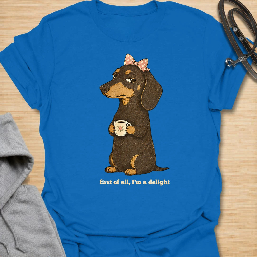 This First Of All I’m A Delight t-shirt is made for dachshund lovers who know their little long dog may be dramatic, judgmental, and demanding, but still completely adorable. Featuring a cute dachshund with a bow and mug, this design has a funny sweet-but-sassy dog-parent feel. Perfect for dachshund moms, doxie lovers, wiener dog fans, rescue dog lovers, and anyone whose dachshund is convinced they are a delight.