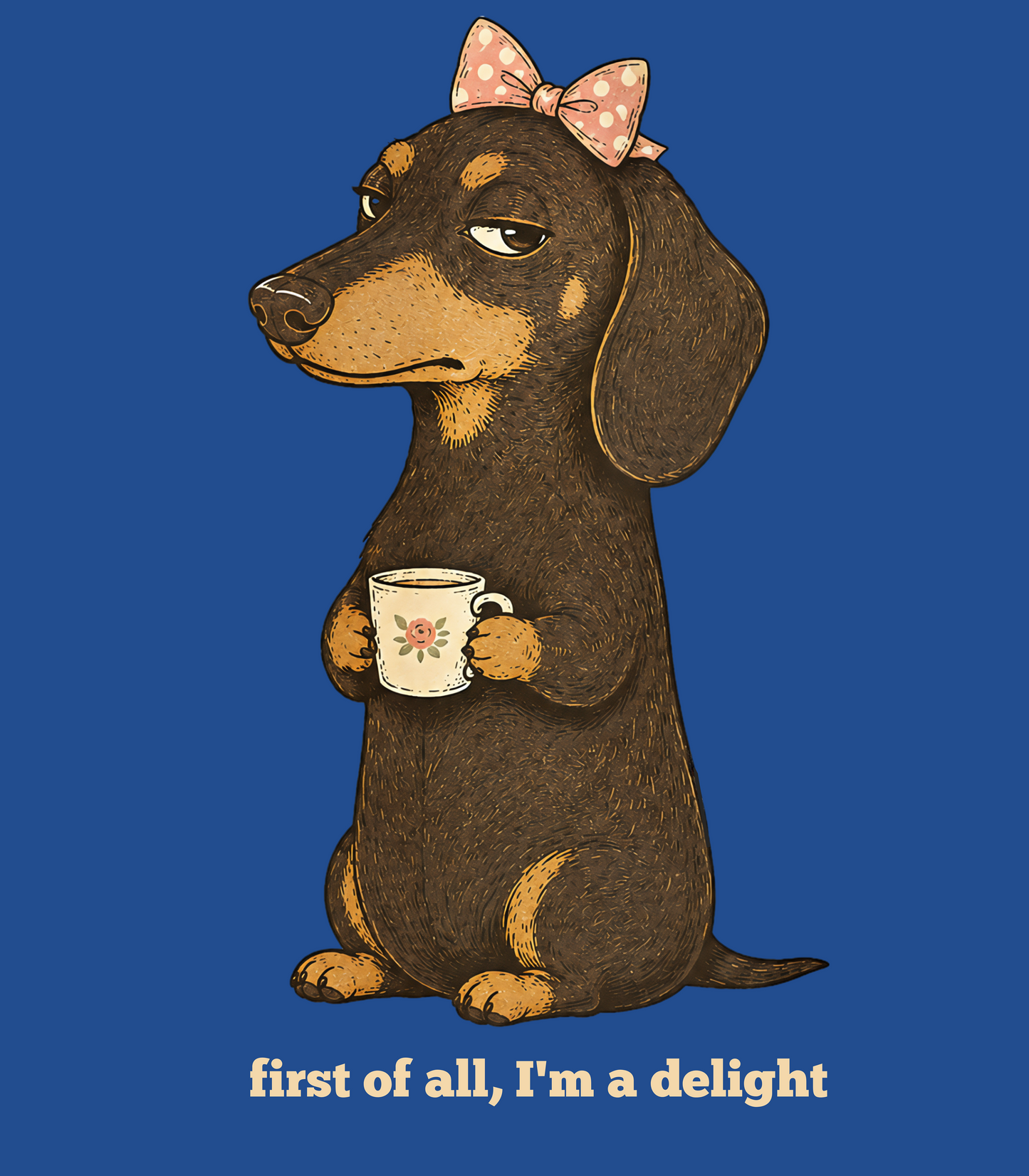 ZOOMED IN This First Of All I’m A Delight t-shirt is made for dachshund lovers who know their little long dog may be dramatic, judgmental, and demanding, but still completely adorable. Featuring a cute dachshund with a bow and mug, this design has a funny sweet-but-sassy dog-parent feel. Perfect for dachshund moms, doxie lovers, wiener dog fans, rescue dog lovers, and anyone whose dachshund is convinced they are a delight.
