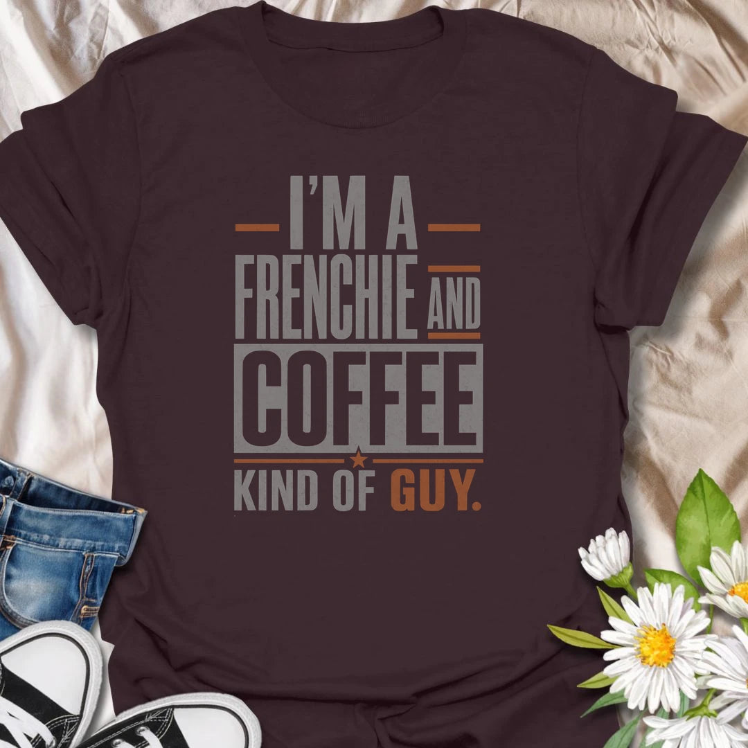 This Frenchie and coffee T-shirt is made for guys who start the day with caffeine and bulldog companionship. The strong typographic design offers an easy way to show two favorite things in one shirt. A fun gift for French Bulldog dads, coffee drinkers, and devoted Frenchie owners.