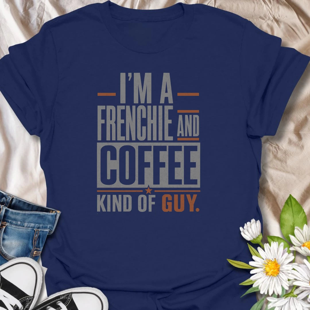 This Frenchie and coffee T-shirt is made for guys who start the day with caffeine and bulldog companionship. The strong typographic design offers an easy way to show two favorite things in one shirt. A fun gift for French Bulldog dads, coffee drinkers, and devoted Frenchie owners.